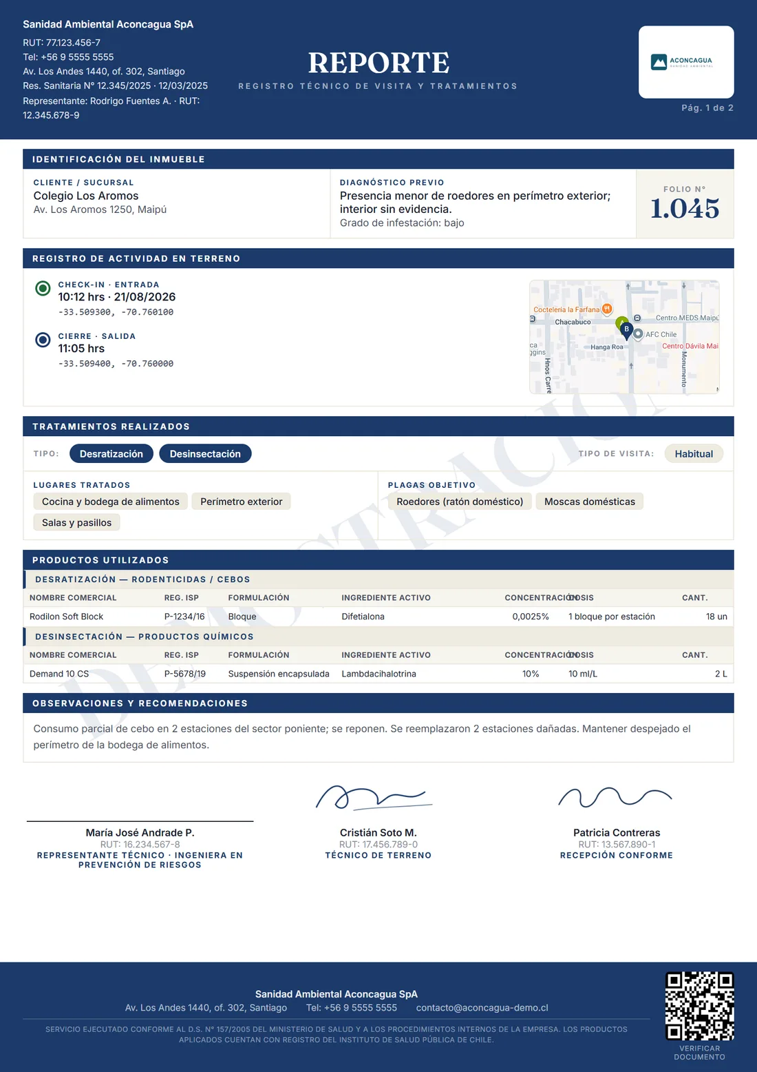 Reporte, página 1: registro de actividad en terreno con check-in, cierre y mapa de la ubicación del servicio, tratamientos y firmas