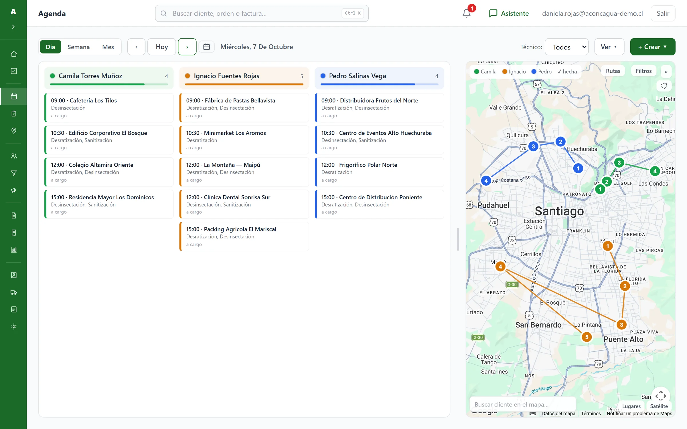 Agenda del día: las visitas de cada técnico y su ruta en el mapa